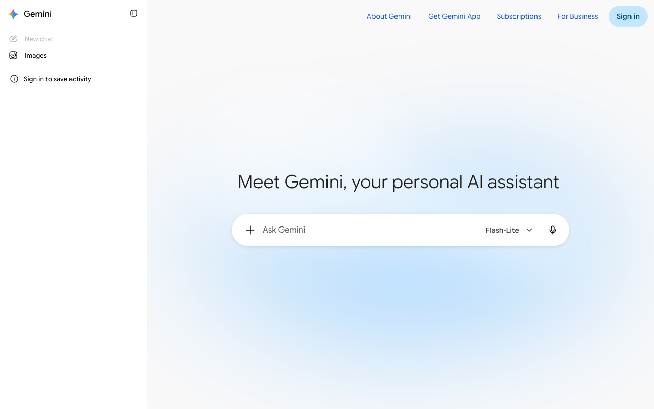 Главный экран Gemini: строка запроса, выбор модели и кнопка входа через аккаунт Google